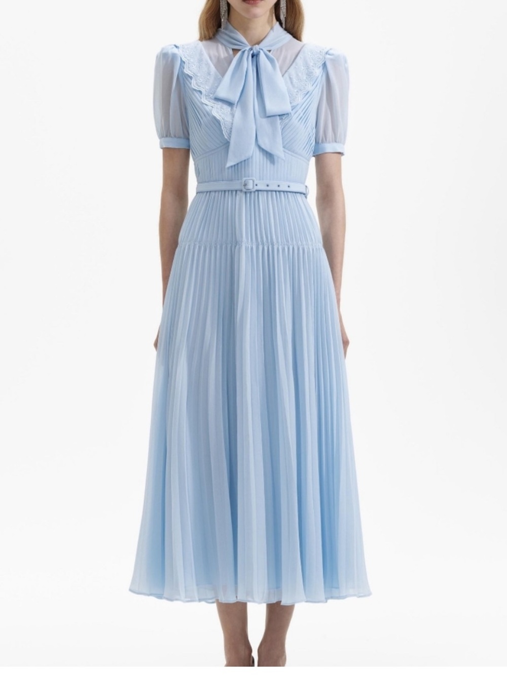 Self-Portrait Blue Pleated Chiffon Midi Dress with Bow Neck